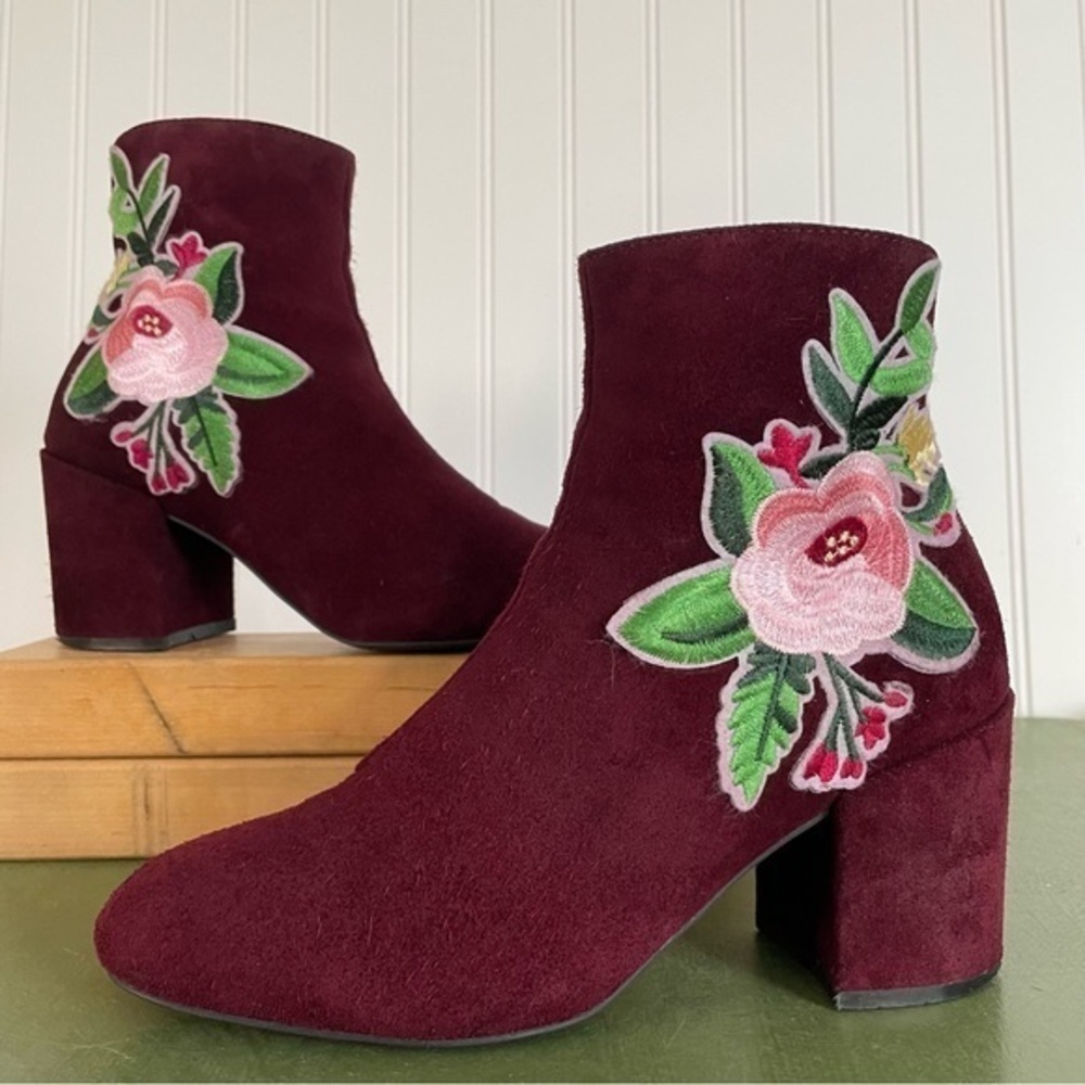 Catherine Malandrino Suede Ankle Boots with Floral Embroidery